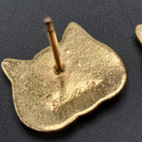 Laurel Burch Cat Face Post Earrings Gold Plated Black Enamel Vintage 1980s - Picture 9 of 10